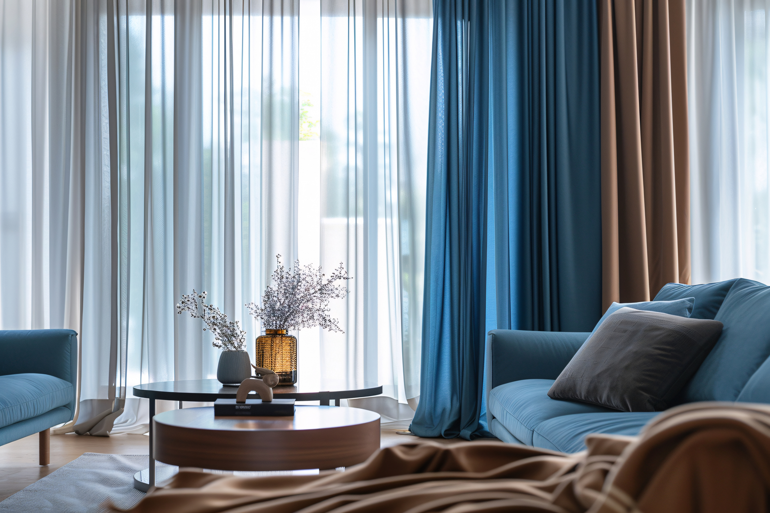 a living room with blue curtains and a couch